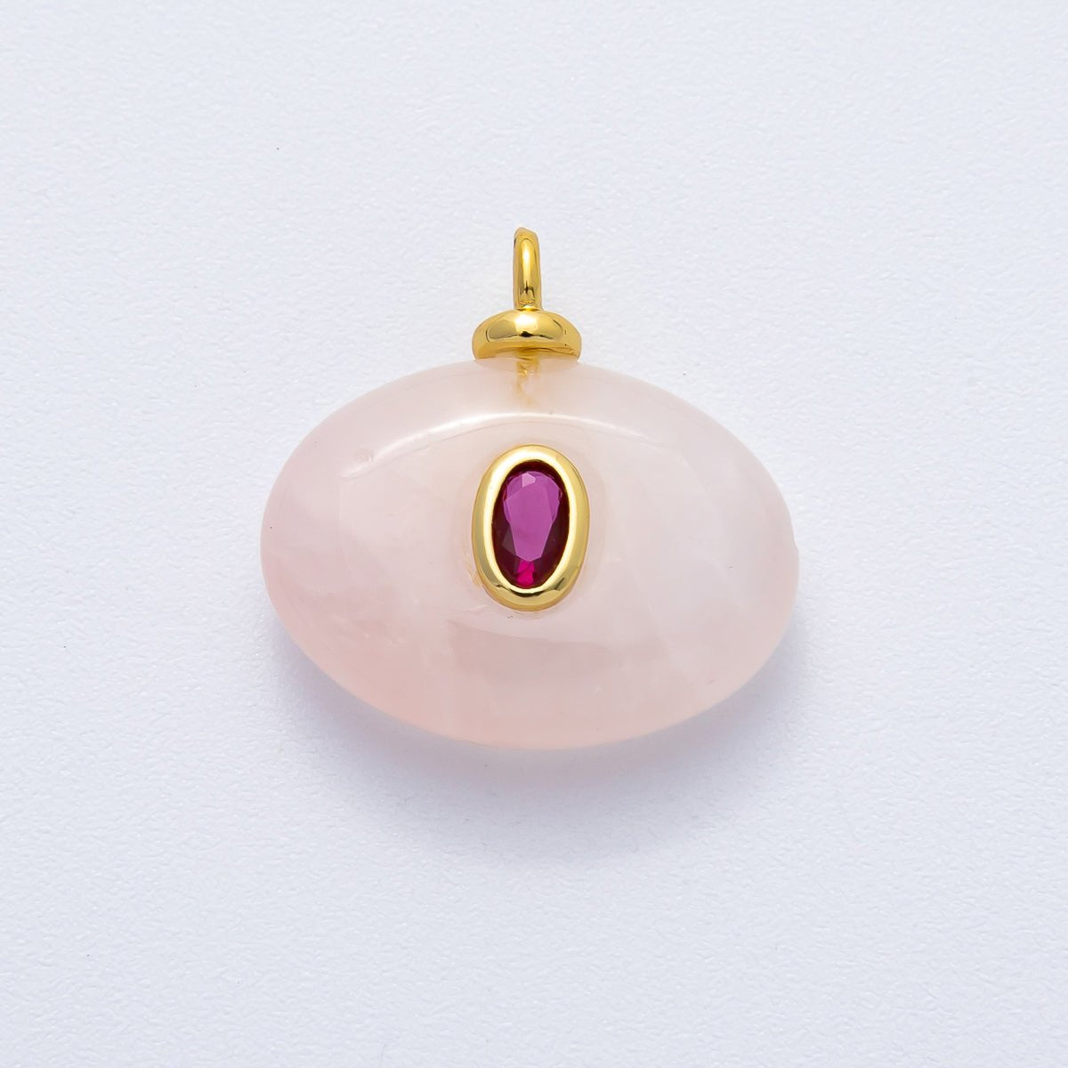 18K Gold Filled 20mm Red CZ Oval Accent Pink Quartz Gemstone Drop Charm | AF1321 - DLUXCA