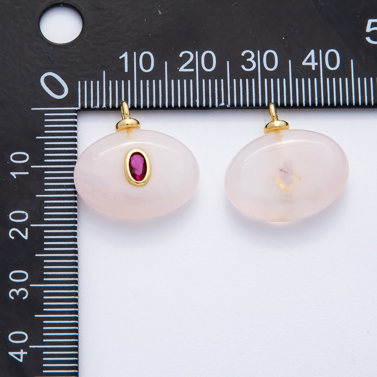 18K Gold Filled 20mm Red CZ Oval Accent Pink Quartz Gemstone Drop Charm | AF1321 - DLUXCA