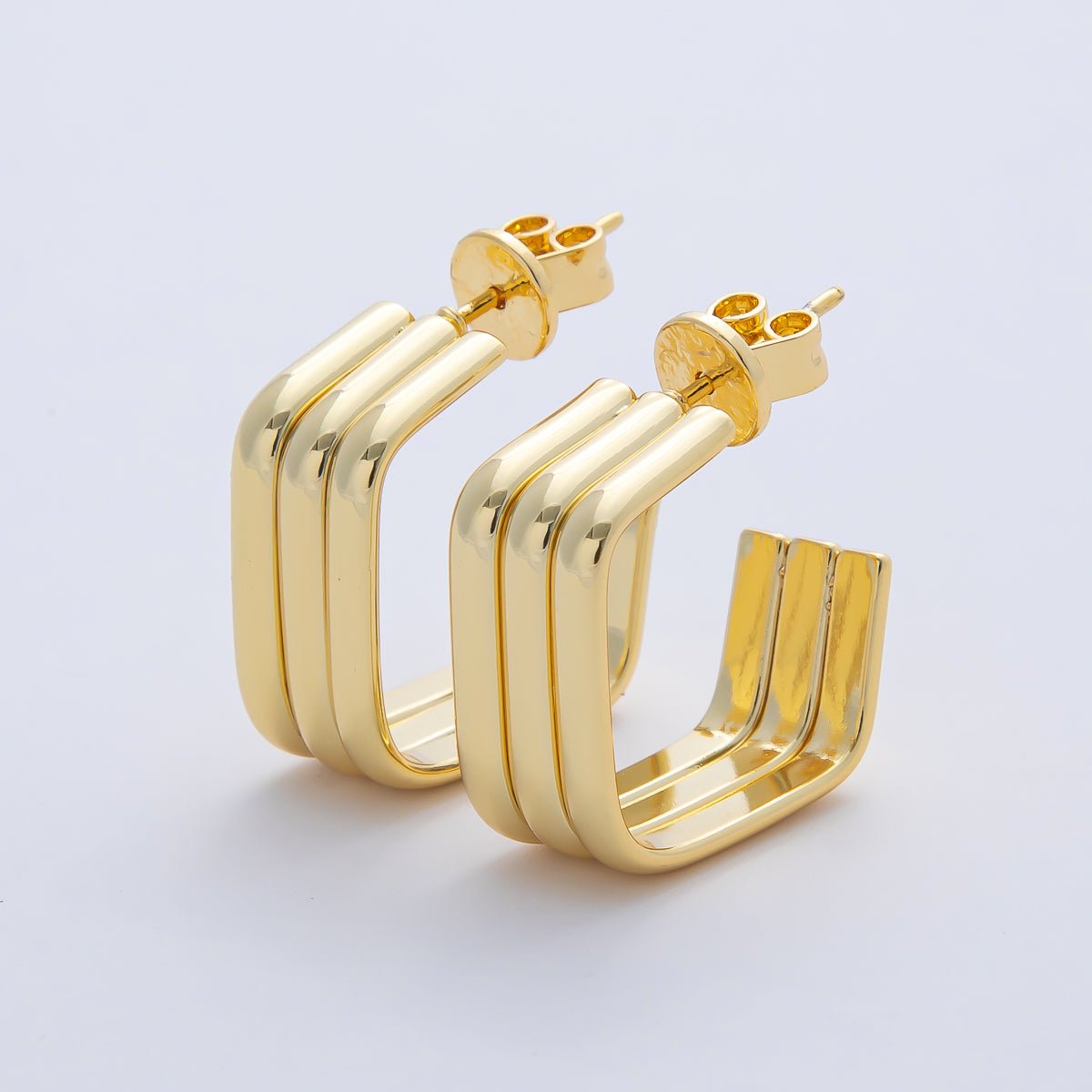 18K Gold Filled 20mm Triple Band Square C - Shaped Hoop Earrings | AD1644 - DLUXCA