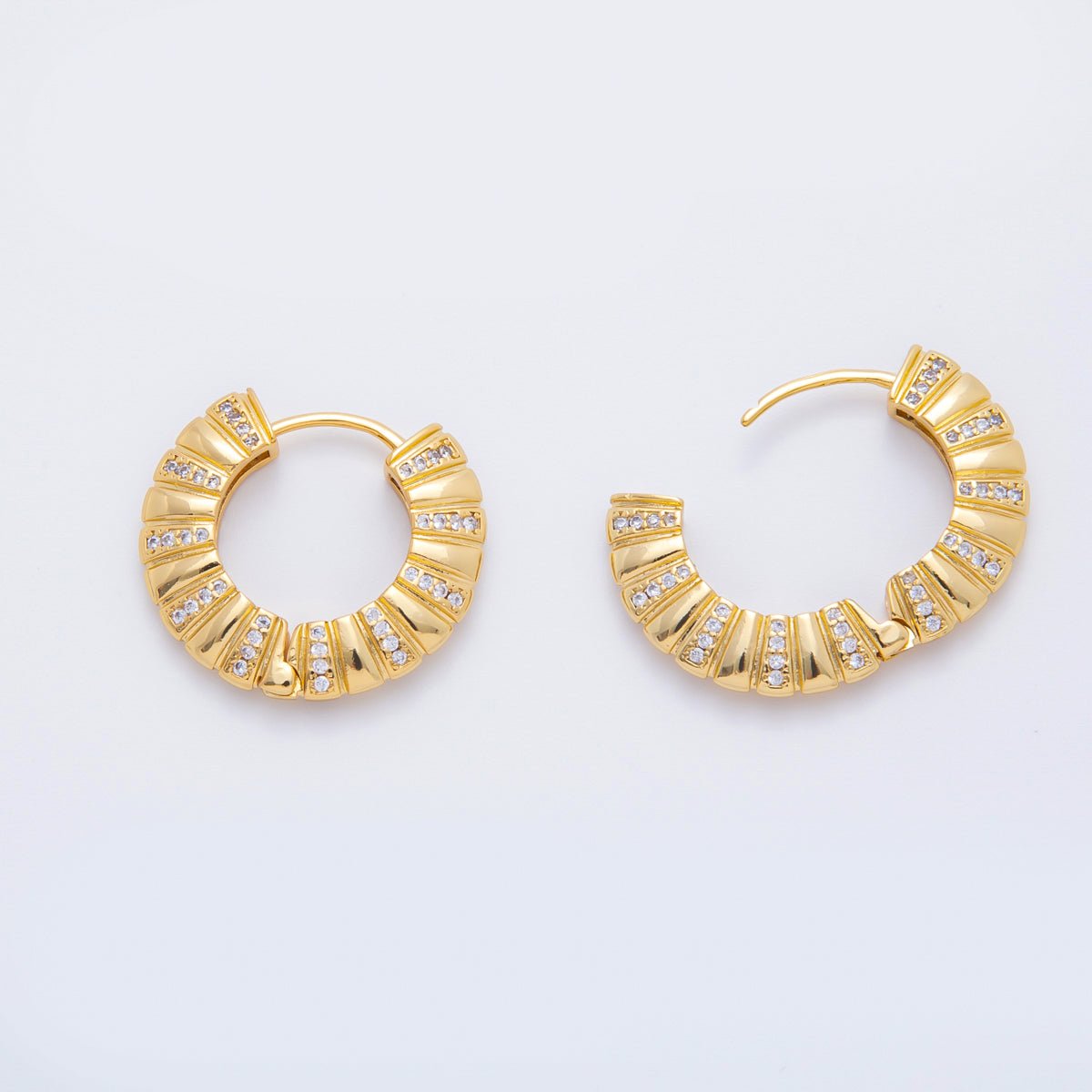 18K Gold Filled 21mm Clear Micro Paved CZ Lined Ribbed Hoops Earrings | AJ268 - DLUXCA