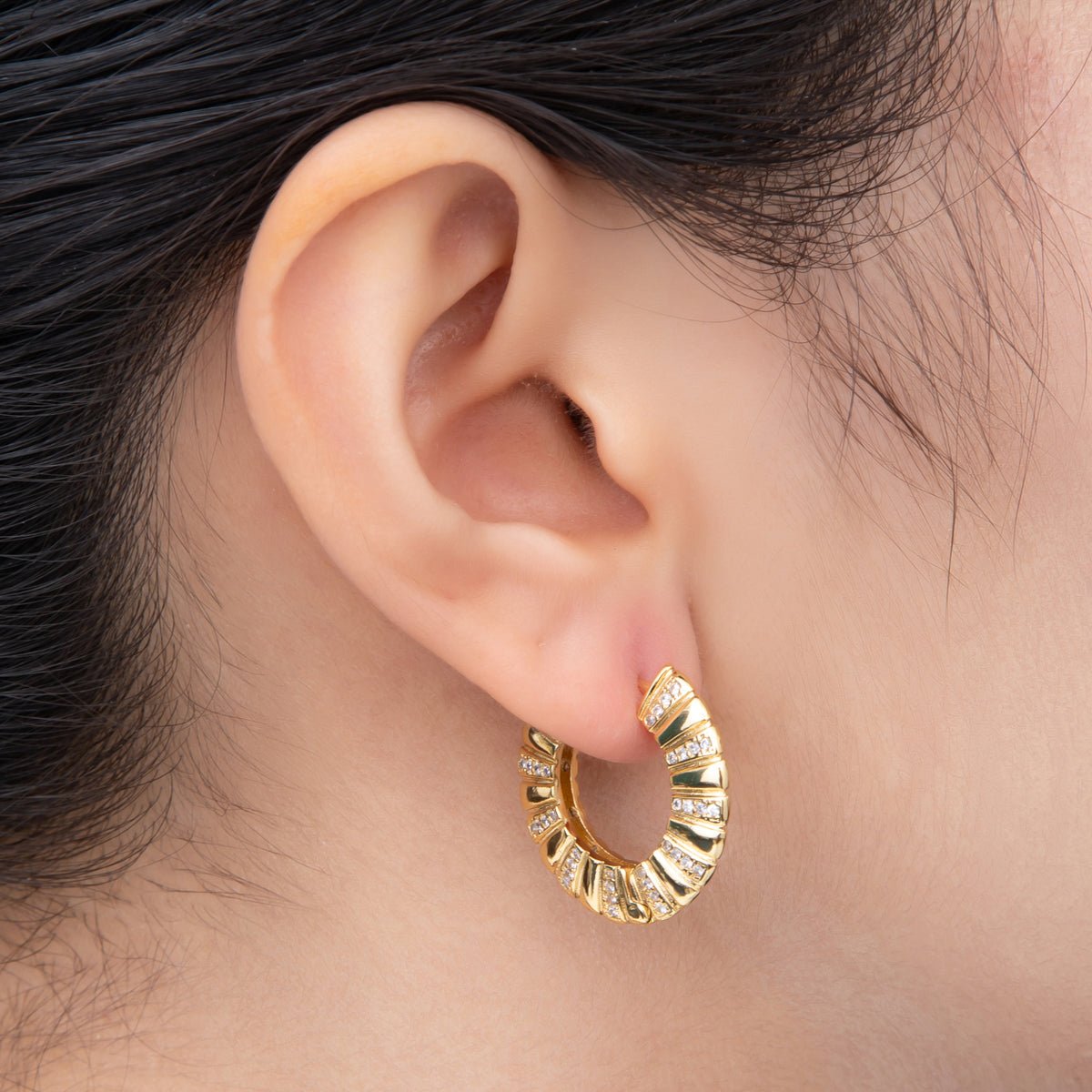 18K Gold Filled 21mm Clear Micro Paved CZ Lined Ribbed Hoops Earrings | AJ268 - DLUXCA