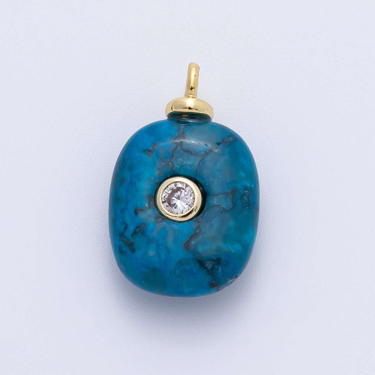 18K Gold Filled 21mm Clear Round CZ Flush Setting Round Blue Agate Gemstone Drop Charm | AF1388 - DLUXCA