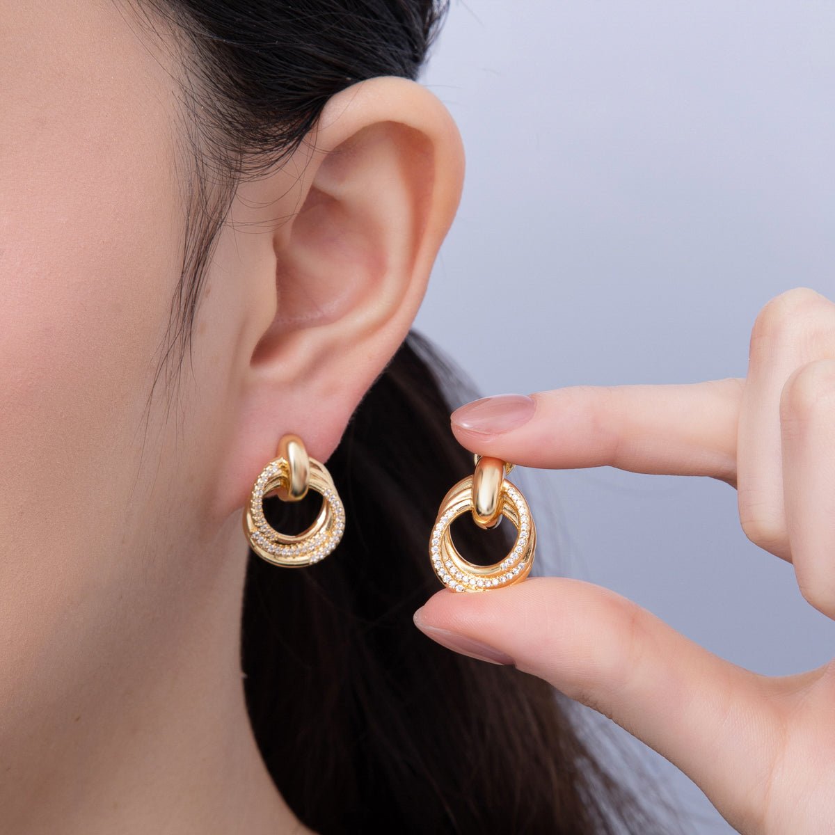 18K Gold Filled 21mm Micro Paved CZ Circular Doorknocker Drop Stud Earrings | AD1632 - DLUXCA