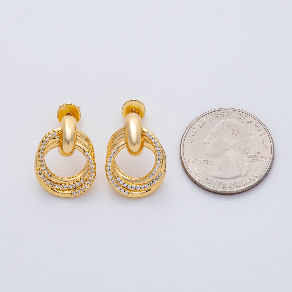 18K Gold Filled 21mm Micro Paved CZ Circular Doorknocker Drop Stud Earrings | AD1632 - DLUXCA