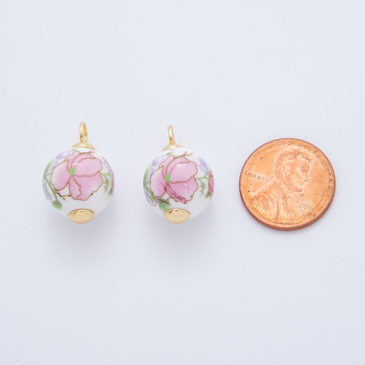 18K Gold Filled 21mm Pink, Purple, Red Violet Flower Round Ceramic Drop Pendant | AF700 AF701 - DLUXCA