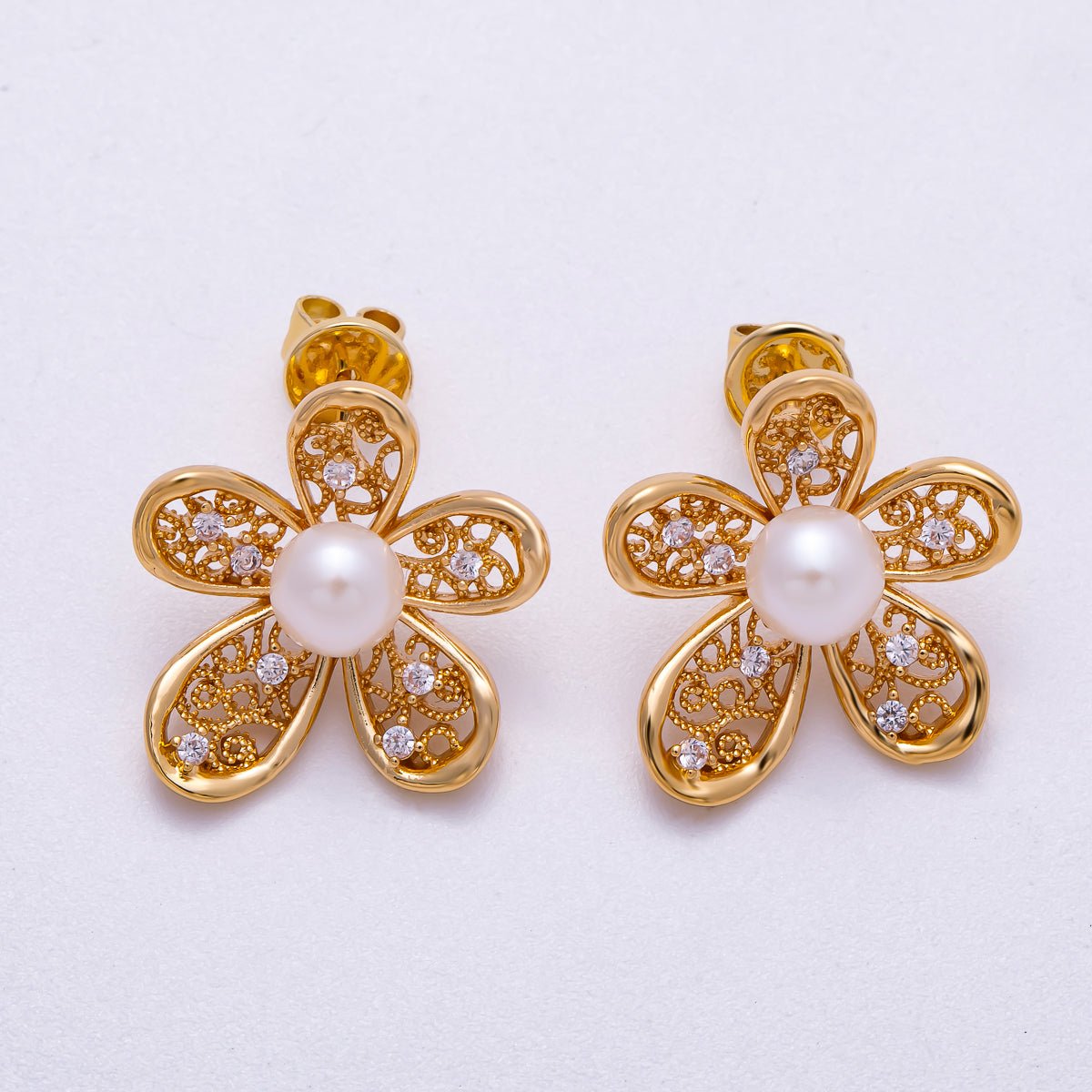 18K Gold Filled 21mm Shell Pearl CZ Filigree Flower Stud Earrings | Earrings - 00328 - DLUXCA