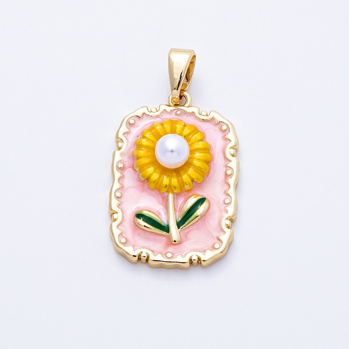 18K Gold Filled 21mm Sunflower Enamel Shell Pearl Rectangle Pendant | Charms - 00149 - DLUXCA