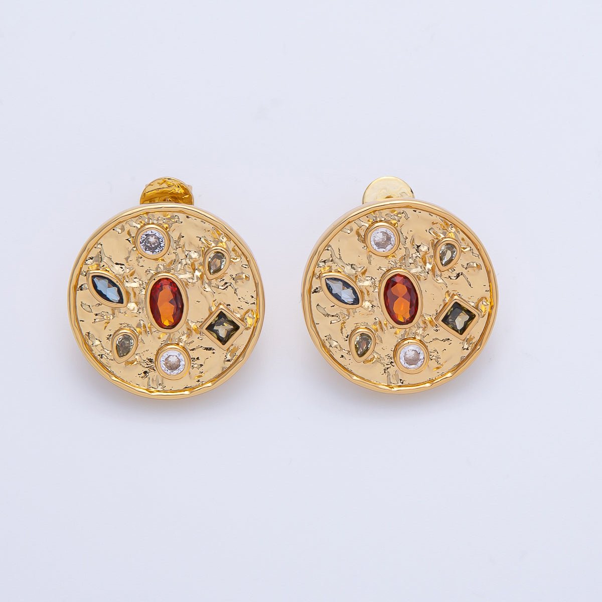 18K Gold Filled 22.3mm Multicolor CZ Hammered Round Stud Earrings | T489 - DLUXCA