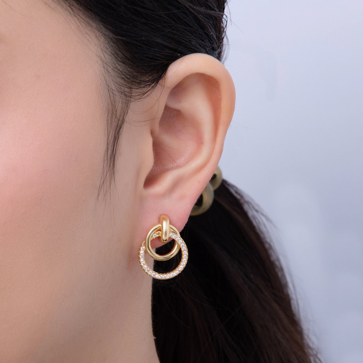 18K Gold Filled 22.5mm Micro Paved CZ Circular Knot Doorknocker Drop Stud Earrings | AD1658 - DLUXCA