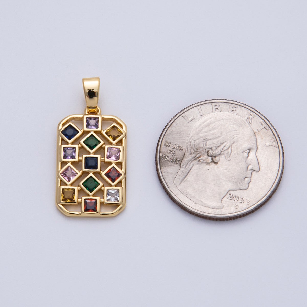 18K Gold Filled 22.5mm Multicolor CZ Rhombus Rectangular Pendant | Charms - 00091 - DLUXCA