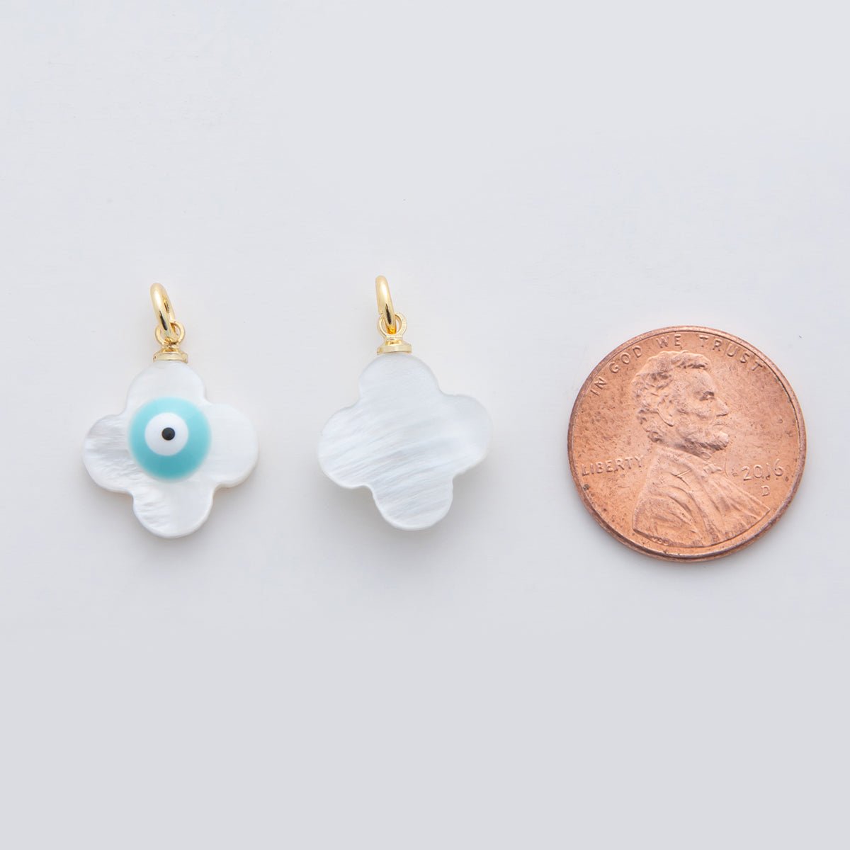 18K Gold Filled 22mm Blue Evil Eye Quatrefoil Shell Pearl Charm | AF334 - DLUXCA