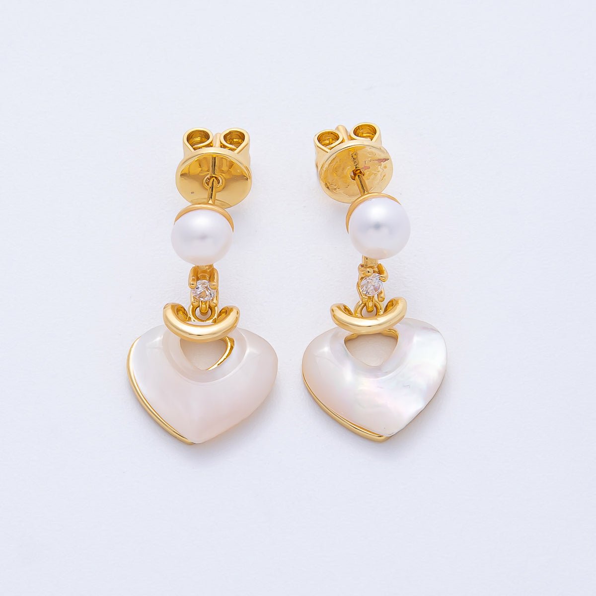 18K Gold Filled 22mm Clear CZ Heart Drop Shell Pearl Stud Earrings | AB1674 - DLUXCA