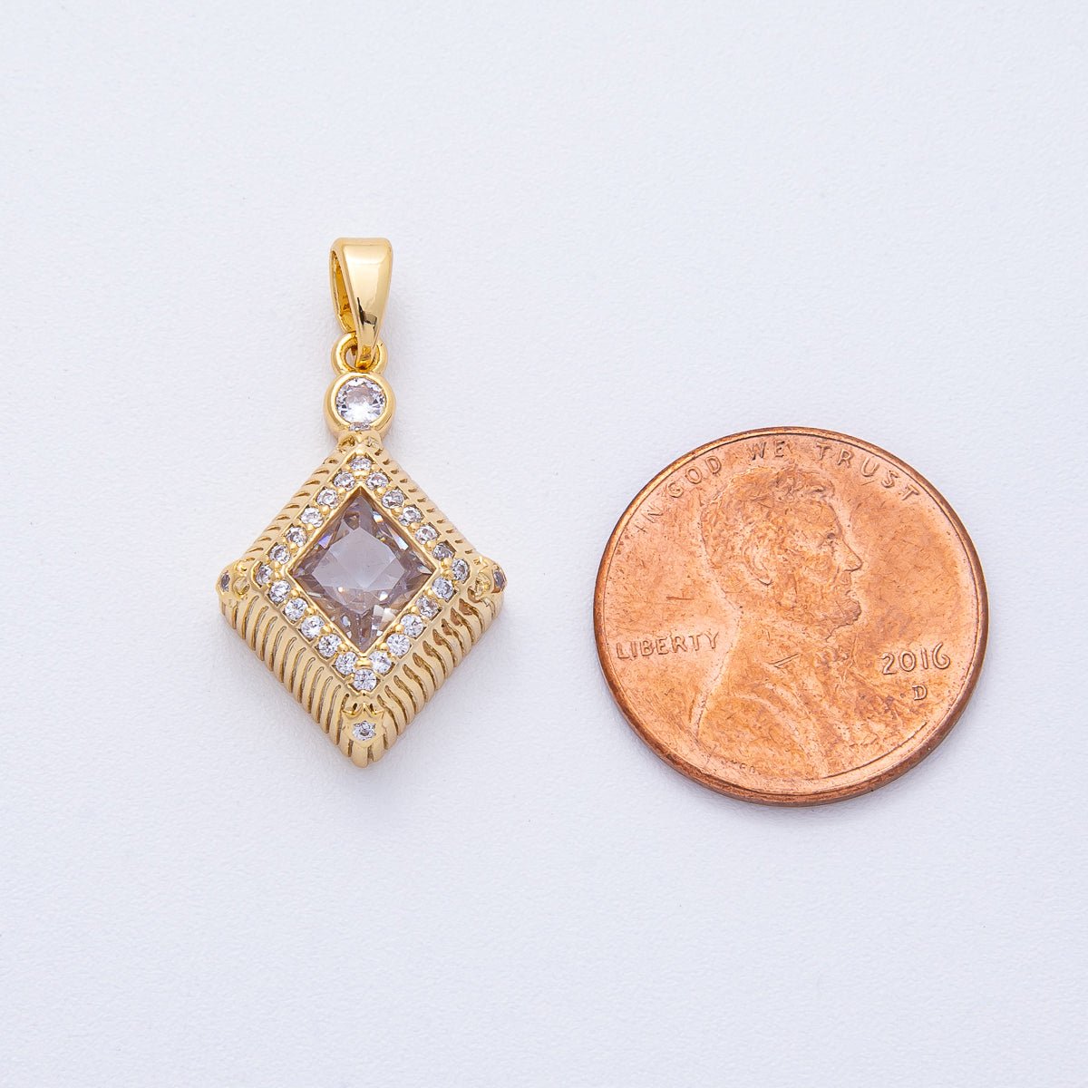 18K Gold Filled 22mm Clear CZ Micro Paved Ribbed Rhombus Pendant | AF1228 - DLUXCA