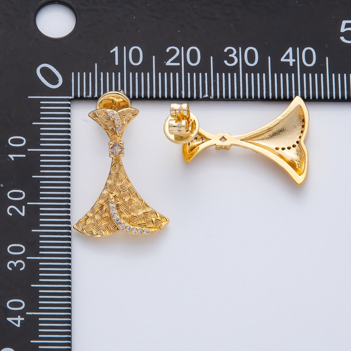18K Gold Filled 22mm Micro Paved CZ Line - Textured Curved Geometric Drop Stud Earrings | AD1608 - DLUXCA