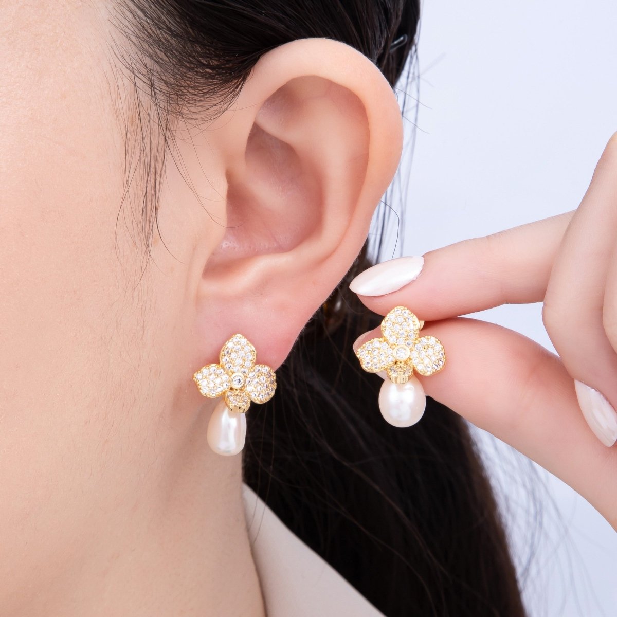 18K Gold Filled 22mm Micro Paved CZ Shell Pearl Flower Drop Stud Earring | EARRINGS - 00242 - DLUXCA