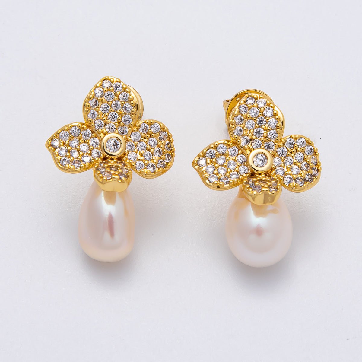 18K Gold Filled 22mm Micro Paved CZ Shell Pearl Flower Drop Stud Earring | EARRINGS - 00242 - DLUXCA