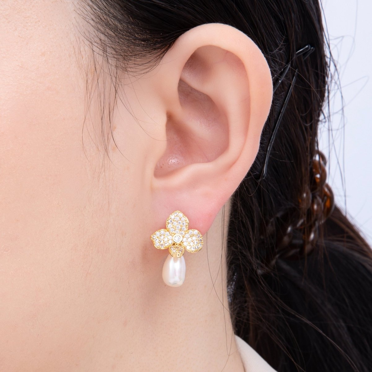 18K Gold Filled 22mm Micro Paved CZ Shell Pearl Flower Drop Stud Earring | EARRINGS - 00242 - DLUXCA