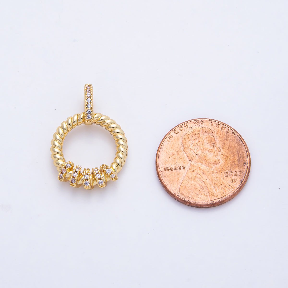 18K Gold Filled 22mm Minimalist Clear CZ Spiral Round Circle Pendant Charm | AF1182 - DLUXCA