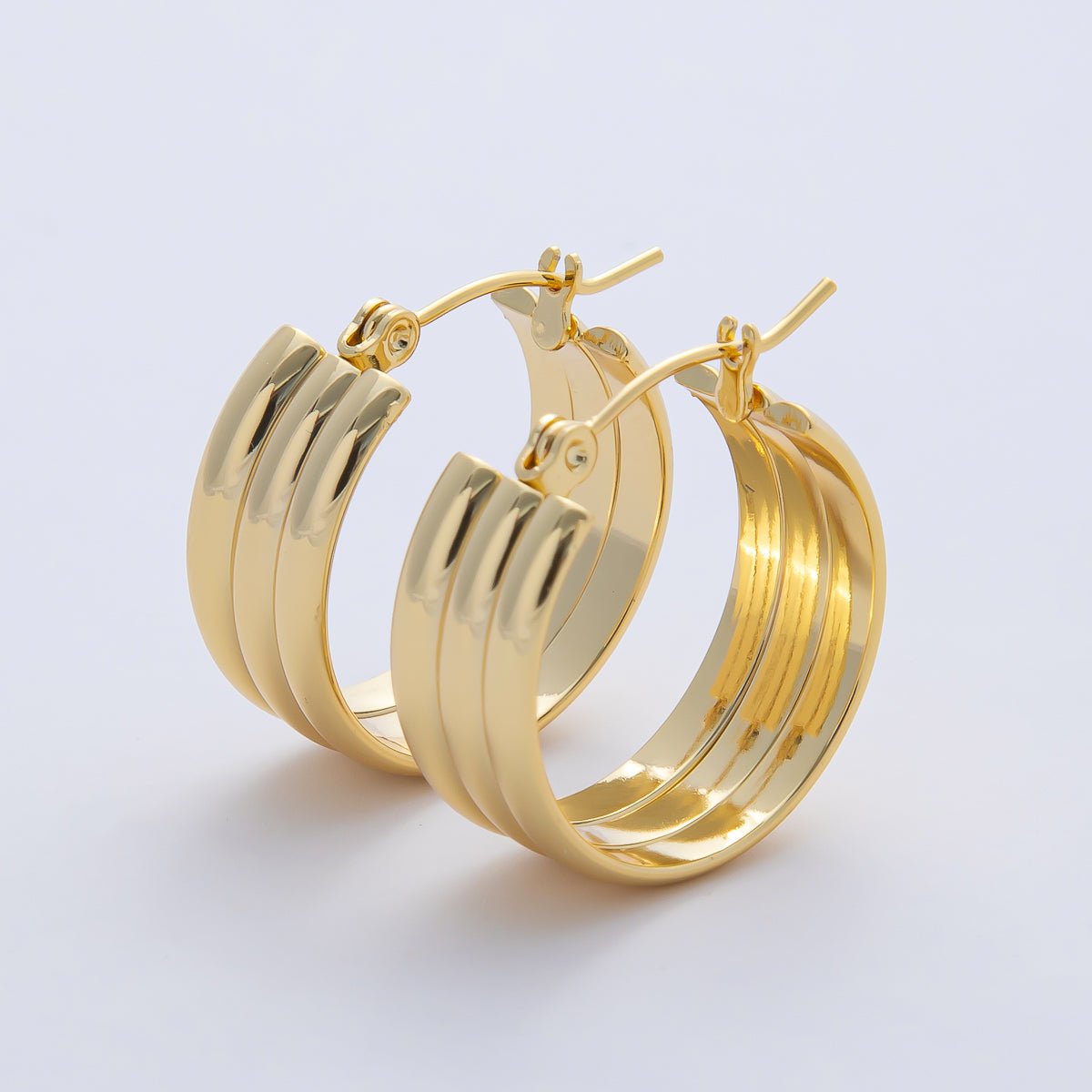 18K Gold Filled 22mm Triple Ribbed Band Latch Hoop Earrings | AD1646 - DLUXCA