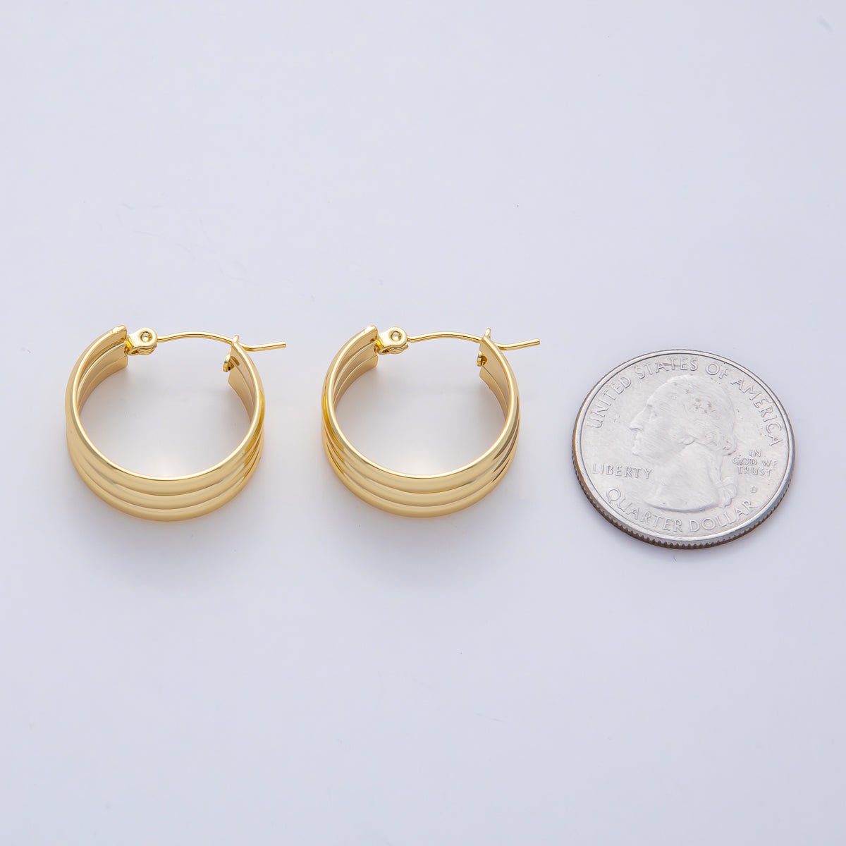 18K Gold Filled 22mm Triple Ribbed Band Latch Hoop Earrings | AD1646 - DLUXCA