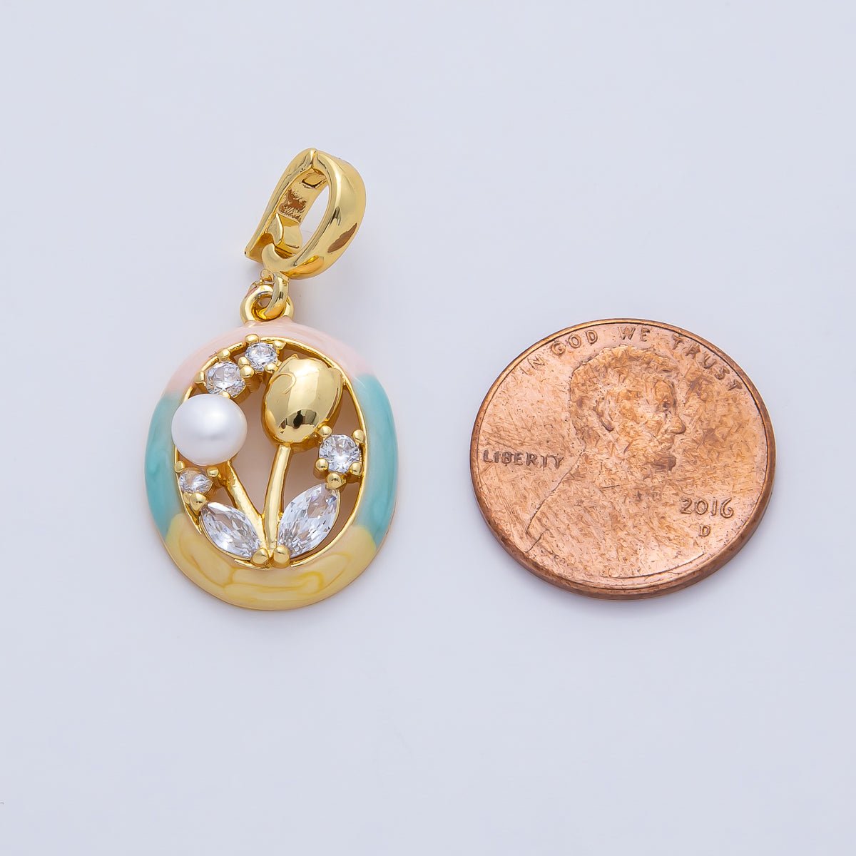 18K Gold Filled 22mm Tulip Flower CZ Shell Pearl Oval Snap Latch Pendant | AF1190 - DLUXCA