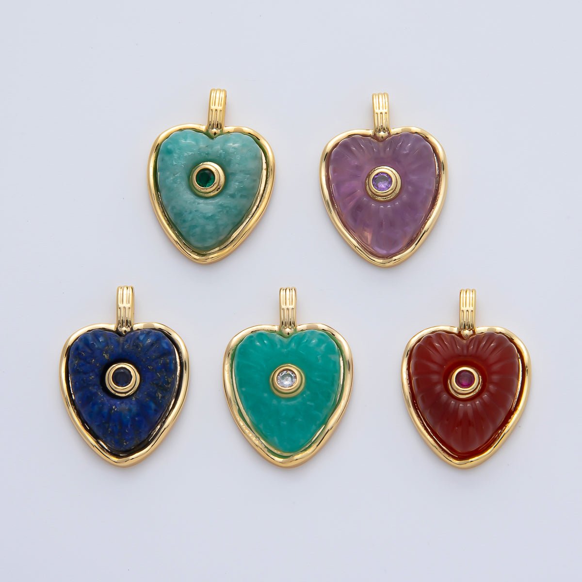 18K Gold Filled 23mm Amazon, Amethyst, Lapis Gemstone Sunburst Heart Pendant | AF1161 ~ AF1163 - DLUXCA