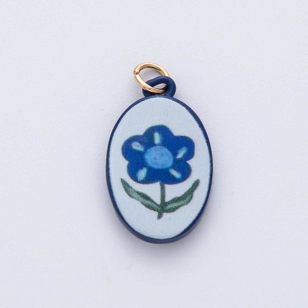 18K Gold Filled 23mm Blue Flower Oval Charm | AF1623 - DLUXCA