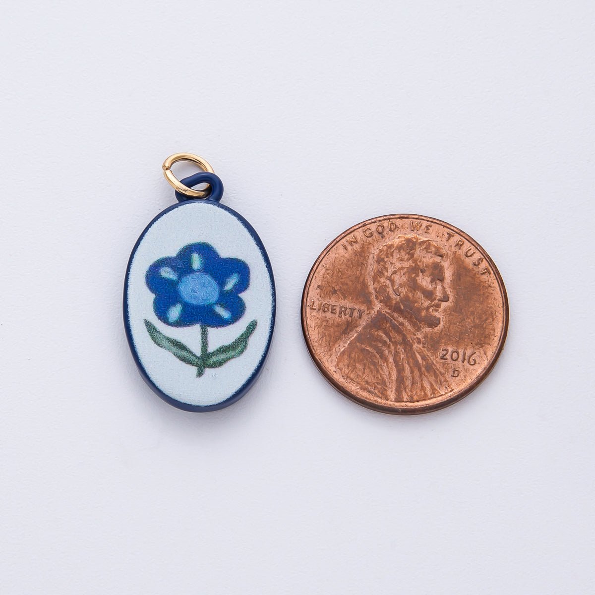 18K Gold Filled 23mm Blue Flower Oval Charm | AF1623 - DLUXCA