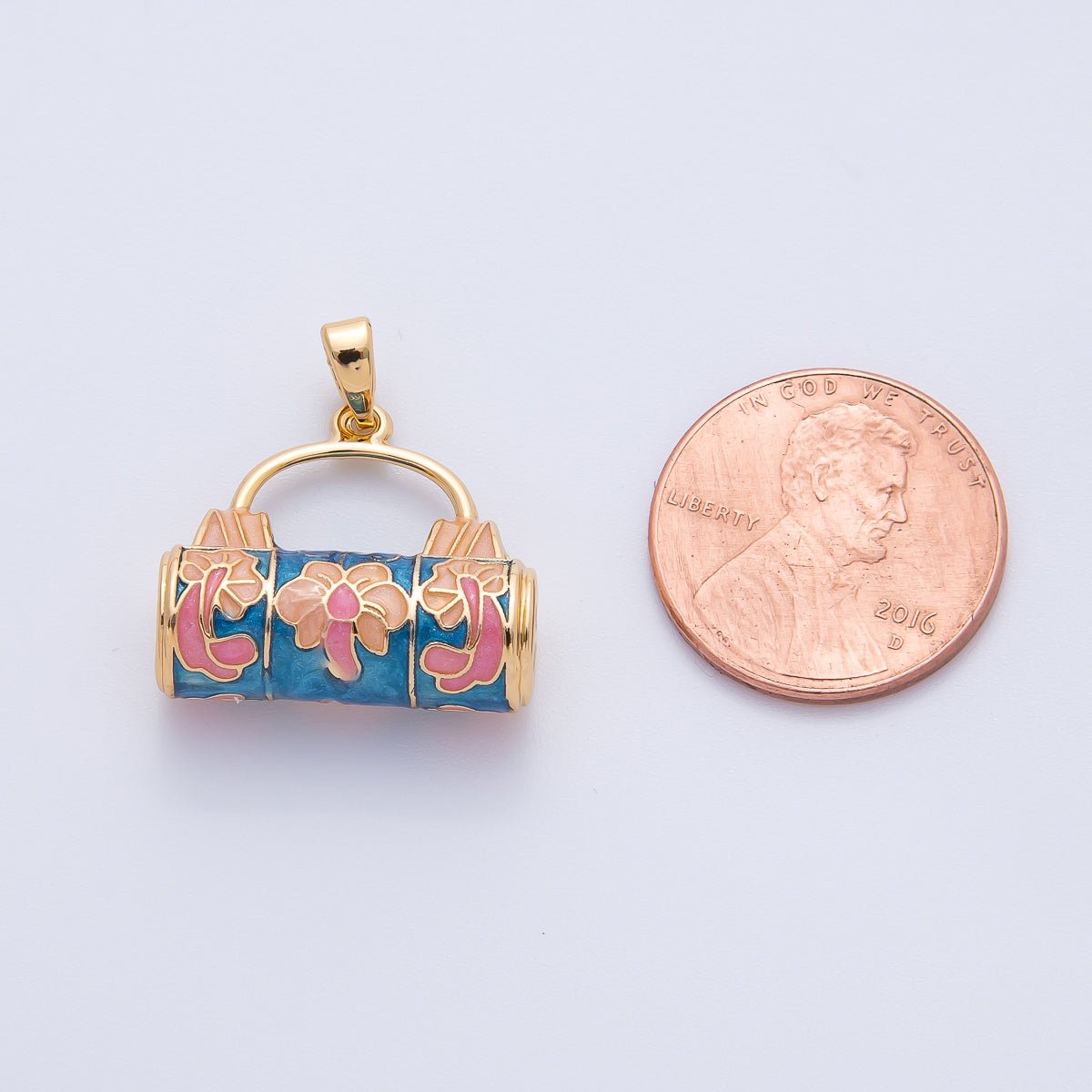 18K Gold Filled 23mm Blue, Pink, Orange Handpainted Enamel Picnic Bag Drop Pendant | AF1147 - DLUXCA