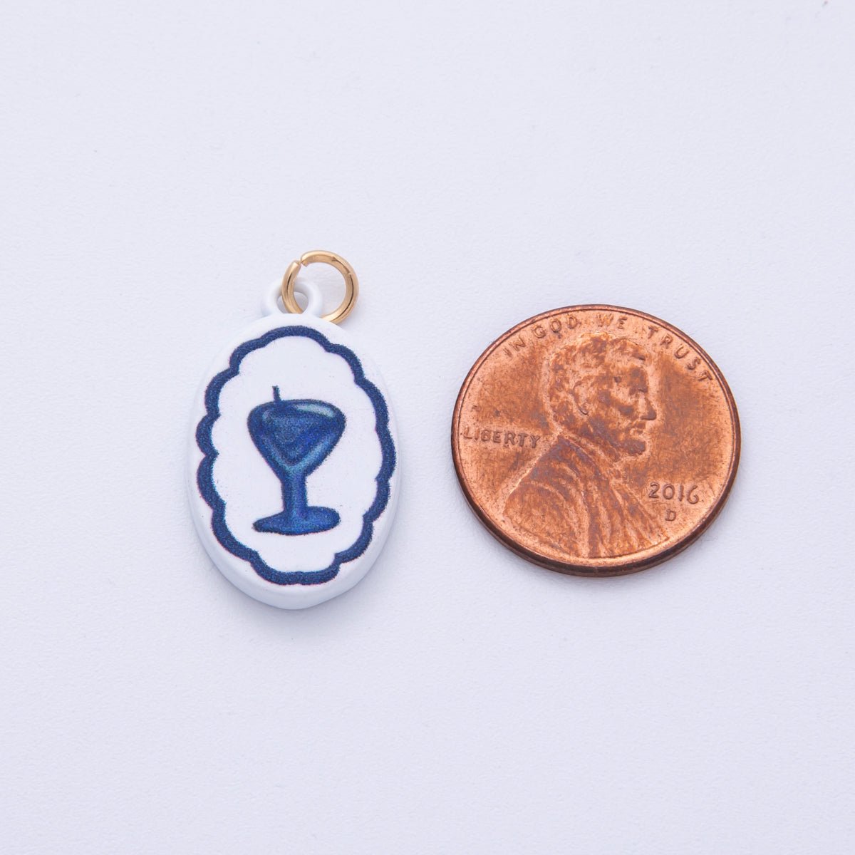 18K Gold Filled 23mm Blue - White Martini Alcohol Drink Glass Oval Charm | AF1590 - DLUXCA