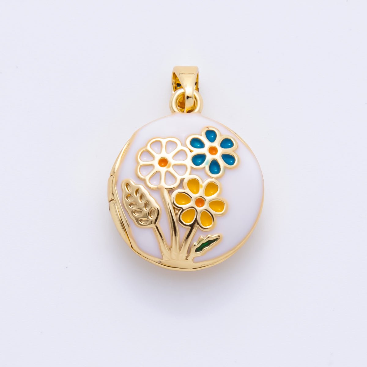 18K Gold Filled 23mm Enamel Spring Flower Garden Locket Pendant | AH802 - DLUXCA