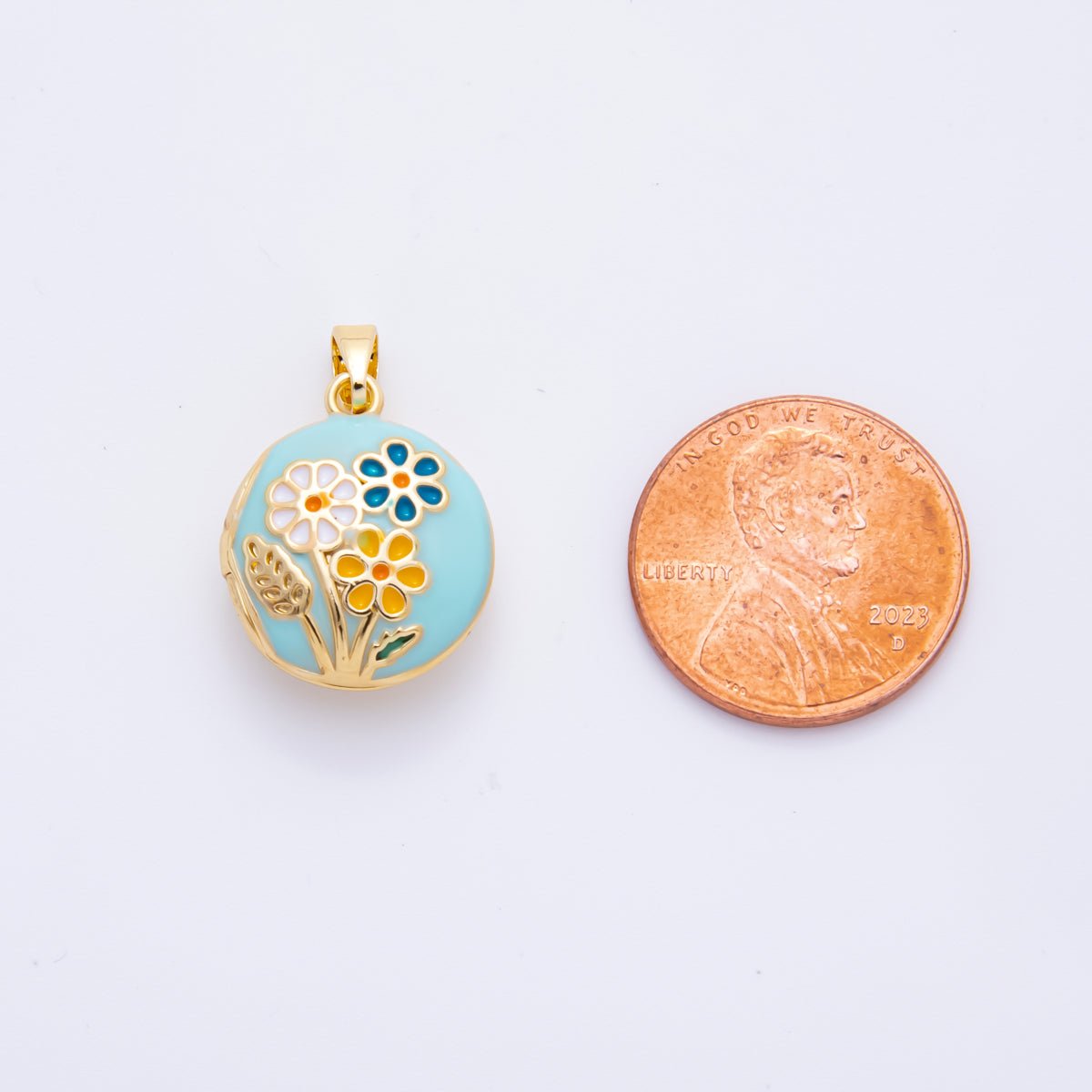 18K Gold Filled 23mm Enamel Spring Flower Garden Locket Pendant | AH802 - DLUXCA