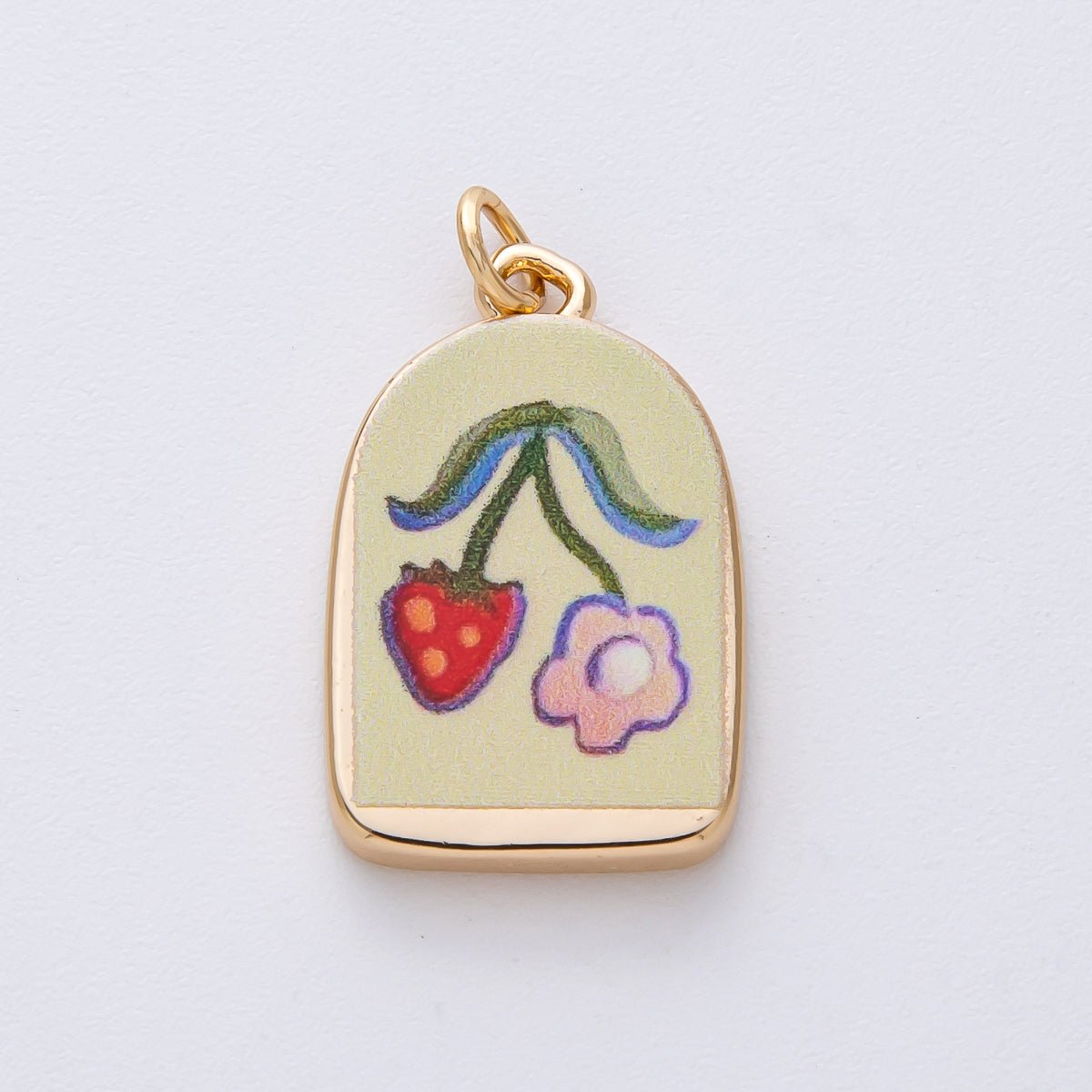 18K Gold Filled 23mm Flower Strawberry Green Enamel Charm | AF1597 - DLUXCA