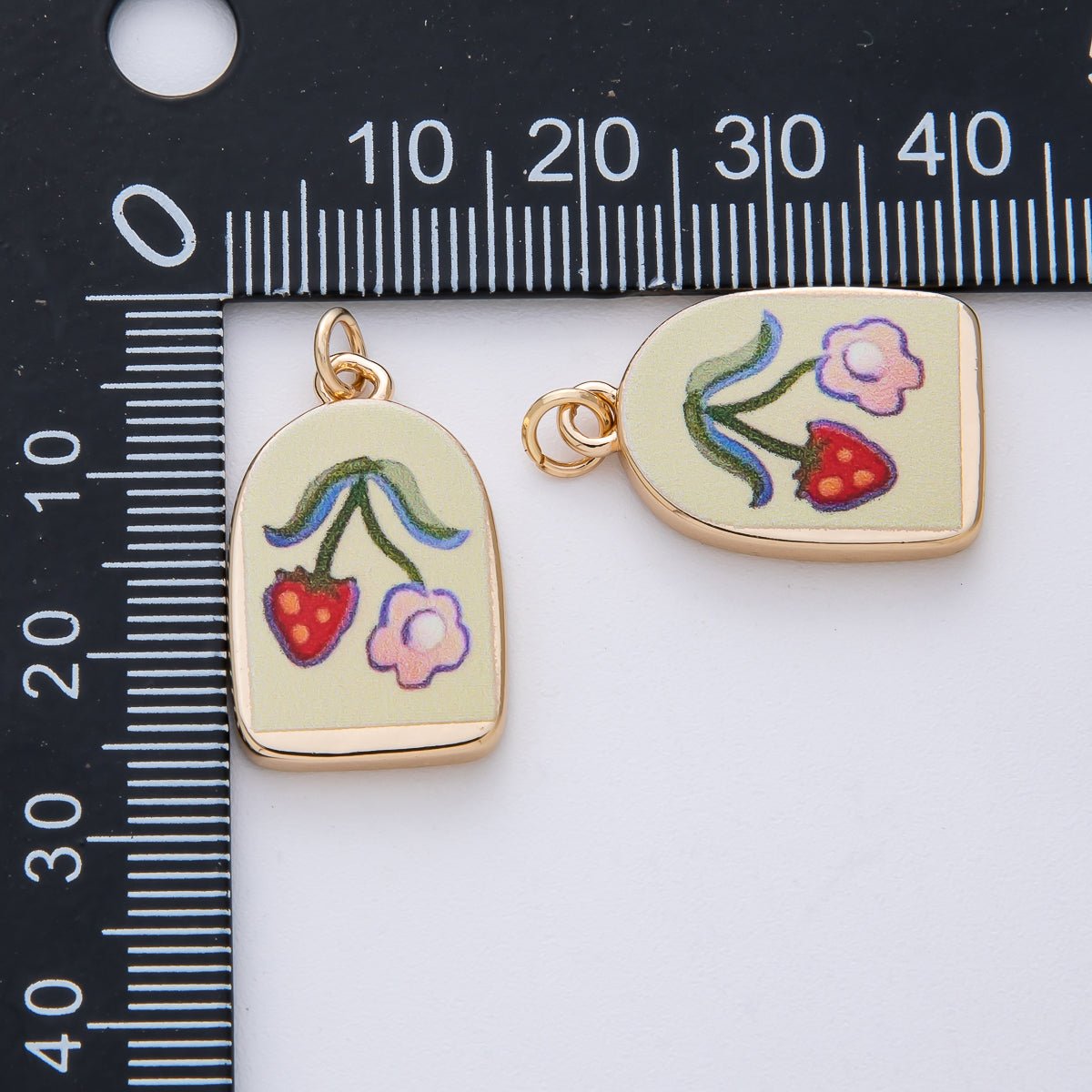 18K Gold Filled 23mm Flower Strawberry Green Enamel Charm | AF1597 - DLUXCA