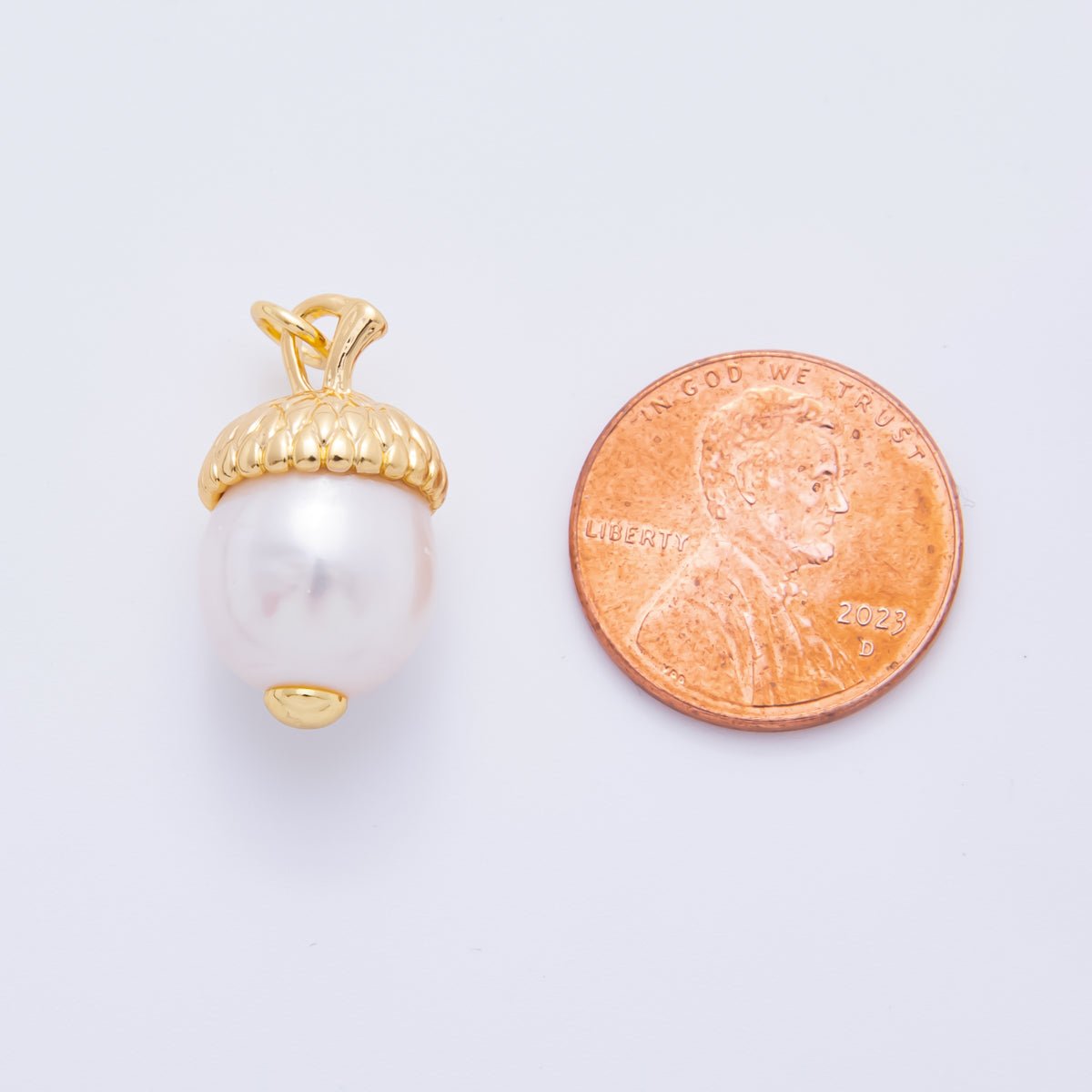 18K Gold Filled 23mm Freshwater Acorn Seed Mini Round Pearl Charm | AF628 - DLUXCA