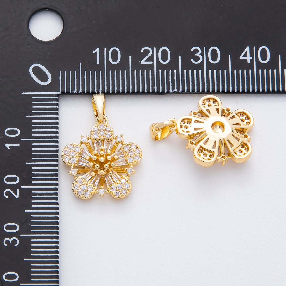18K Gold Filled 23mm Micro Paved & Baguette CZ Flower Pendant | AF - A1131 - DLUXCA