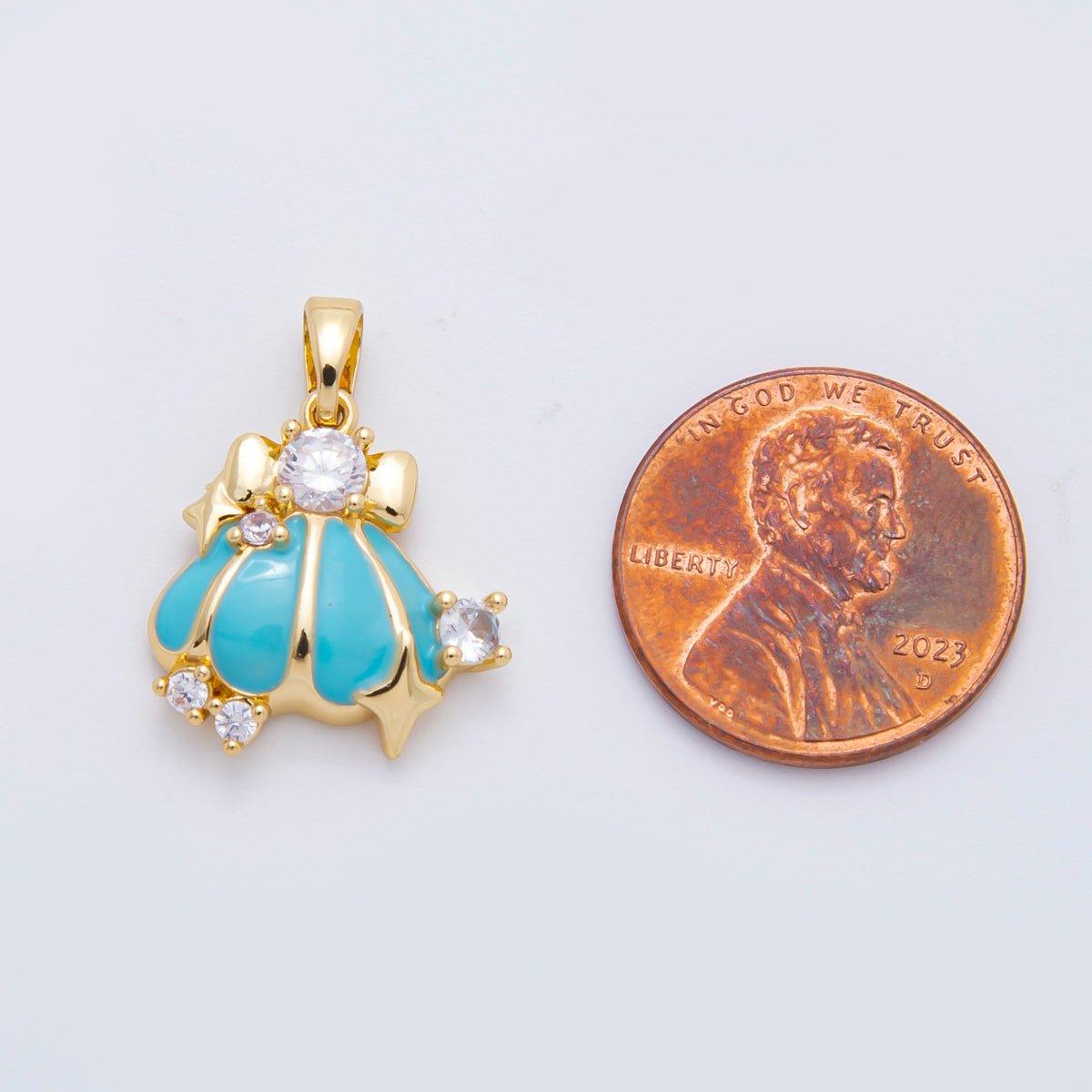18K Gold Filled 23mm Micro Paved CZ Blue Enamel Art Nautical Clam Shell Pendant | AF - A1107 - DLUXCA