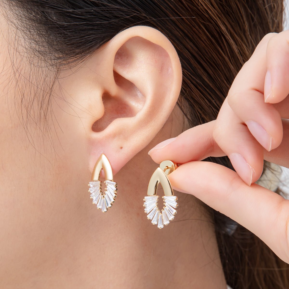 18K Gold Filled 23mm Open Baguette Navette Geometric Drop Stud Earrings | Q169 - DLUXCA