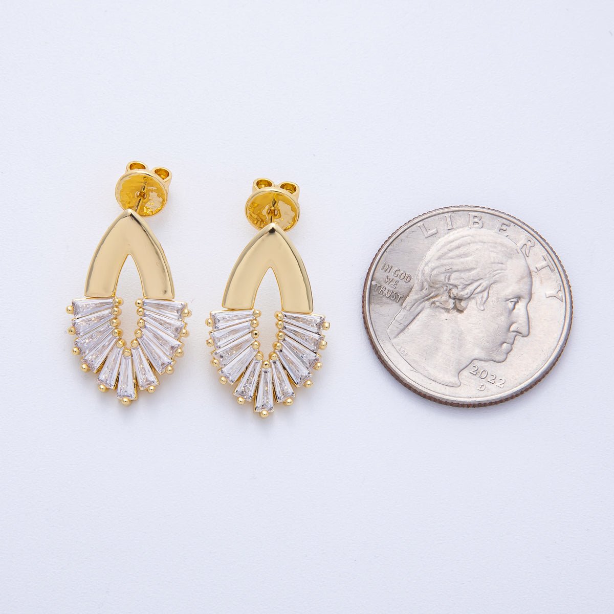 18K Gold Filled 23mm Open Baguette Navette Geometric Drop Stud Earrings | Q169 - DLUXCA