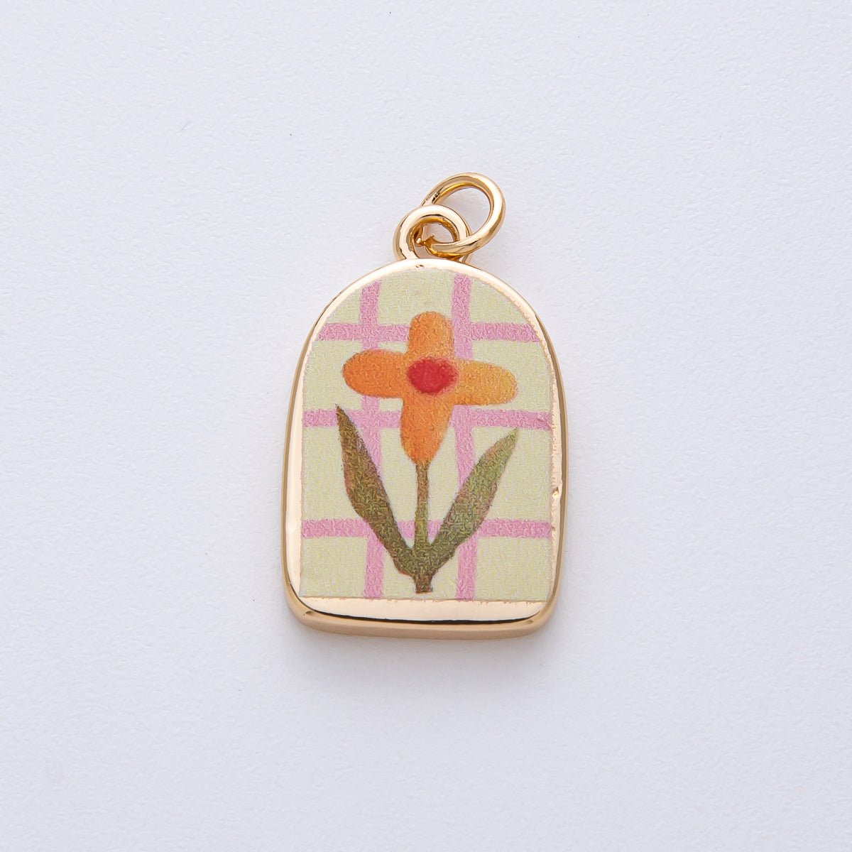 18K Gold Filled 23mm Orange Flower Green Pink Enamel Charm | AF1595 - DLUXCA