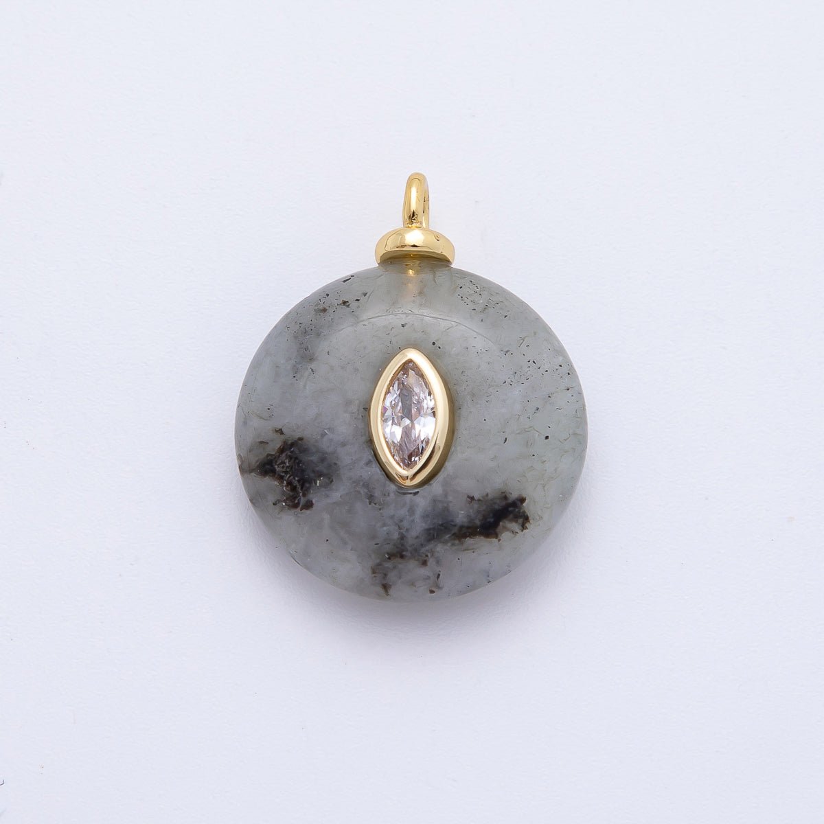 18K Gold Filled 23mm Oval CZ Focal Round Labradorite Gemstone Drop Charm | AF1337 - DLUXCA