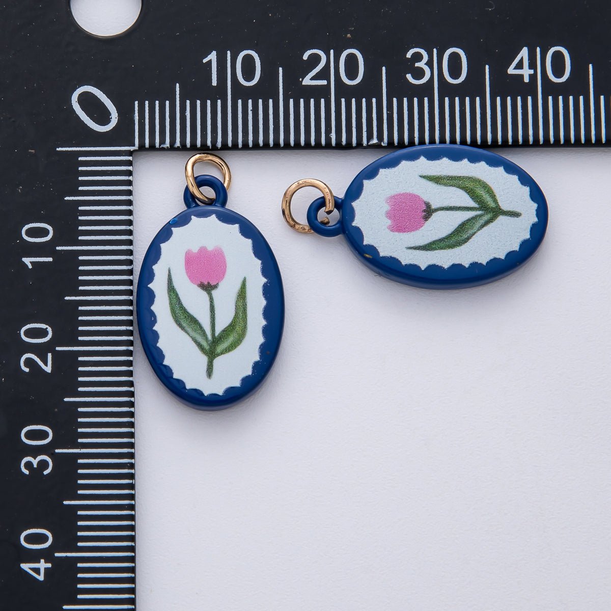 18K Gold Filled 23mm Pink Blue Enamel Flower Oval Charm | AF1624 - DLUXCA