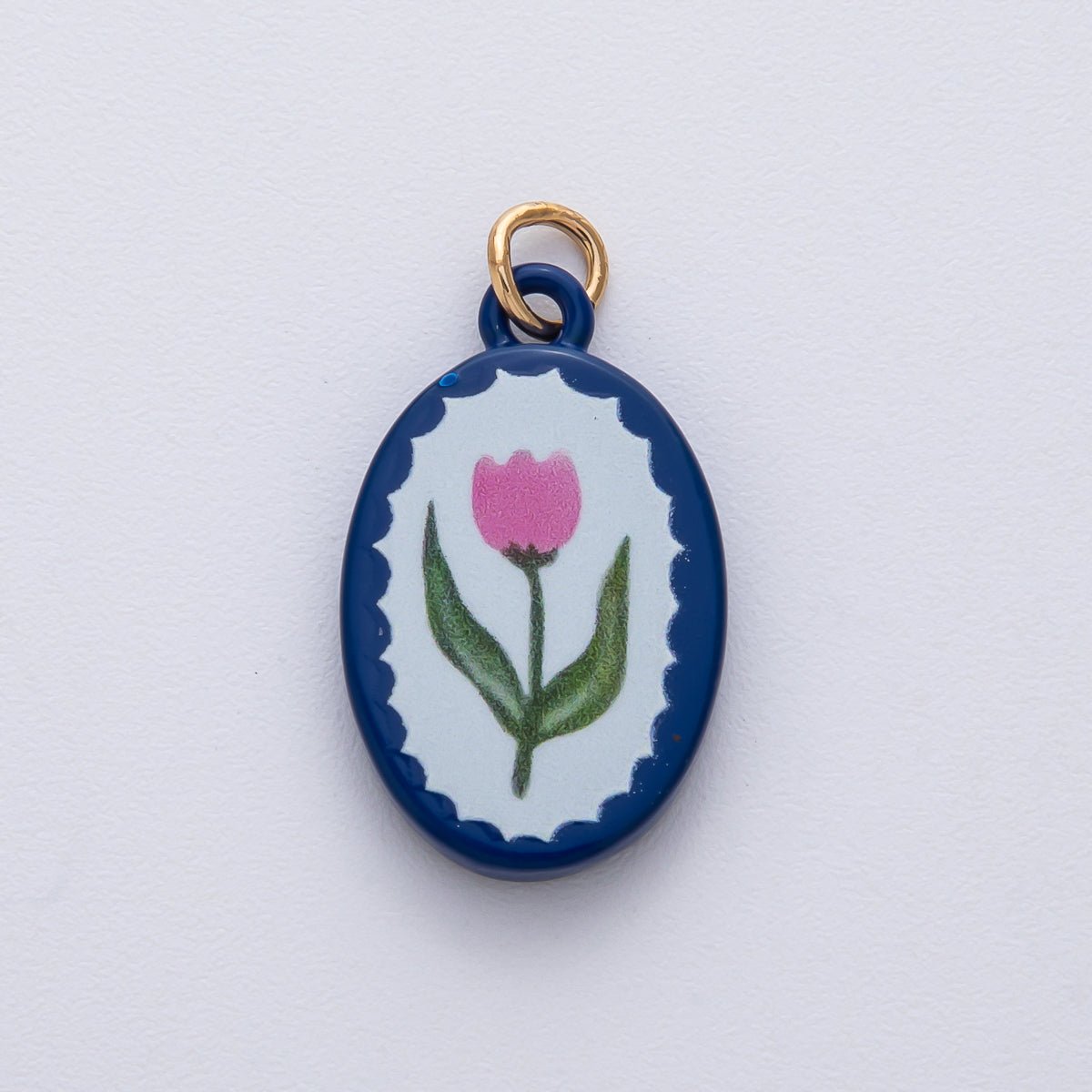 18K Gold Filled 23mm Pink Blue Enamel Flower Oval Charm | AF1624 - DLUXCA