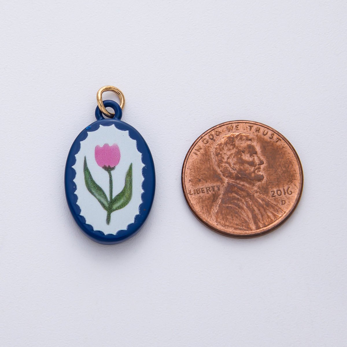 18K Gold Filled 23mm Pink Blue Enamel Flower Oval Charm | AF1624 - DLUXCA