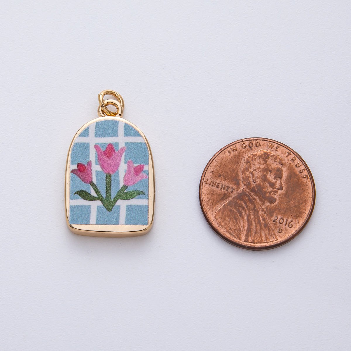 18K Gold Filled 23mm Pink - Blue Flower Enamel Charm | AF1596 - DLUXCA