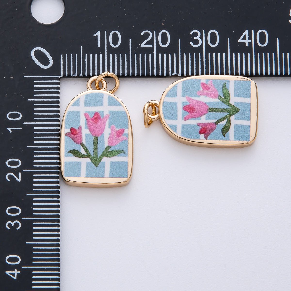 18K Gold Filled 23mm Pink - Blue Flower Enamel Charm | AF1596 - DLUXCA