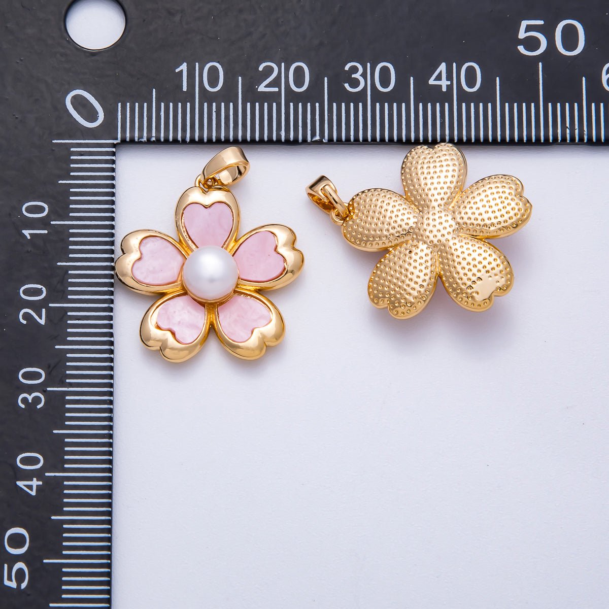 18K Gold Filled 23mm Pink Heart Shell Pearl Blooming Flower Pendant | Charms - 00643 - DLUXCA