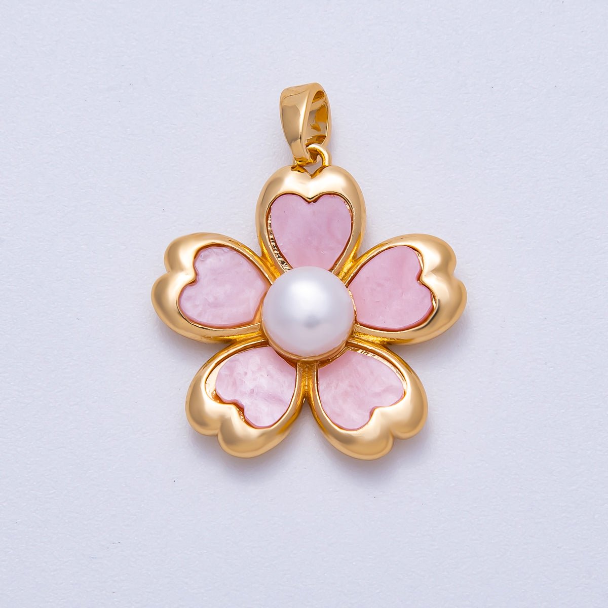 18K Gold Filled 23mm Pink Heart Shell Pearl Blooming Flower Pendant | Charms - 00643 - DLUXCA
