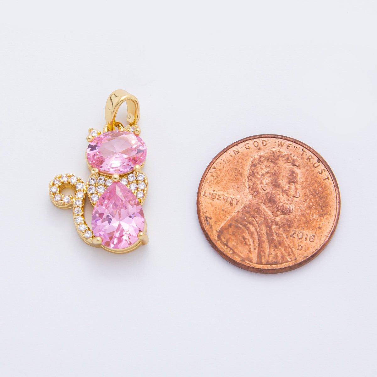 18K Gold Filled 23mm Pink & Purple CZ Cat Figure Animals Pendant | AF - A1122 - DLUXCA