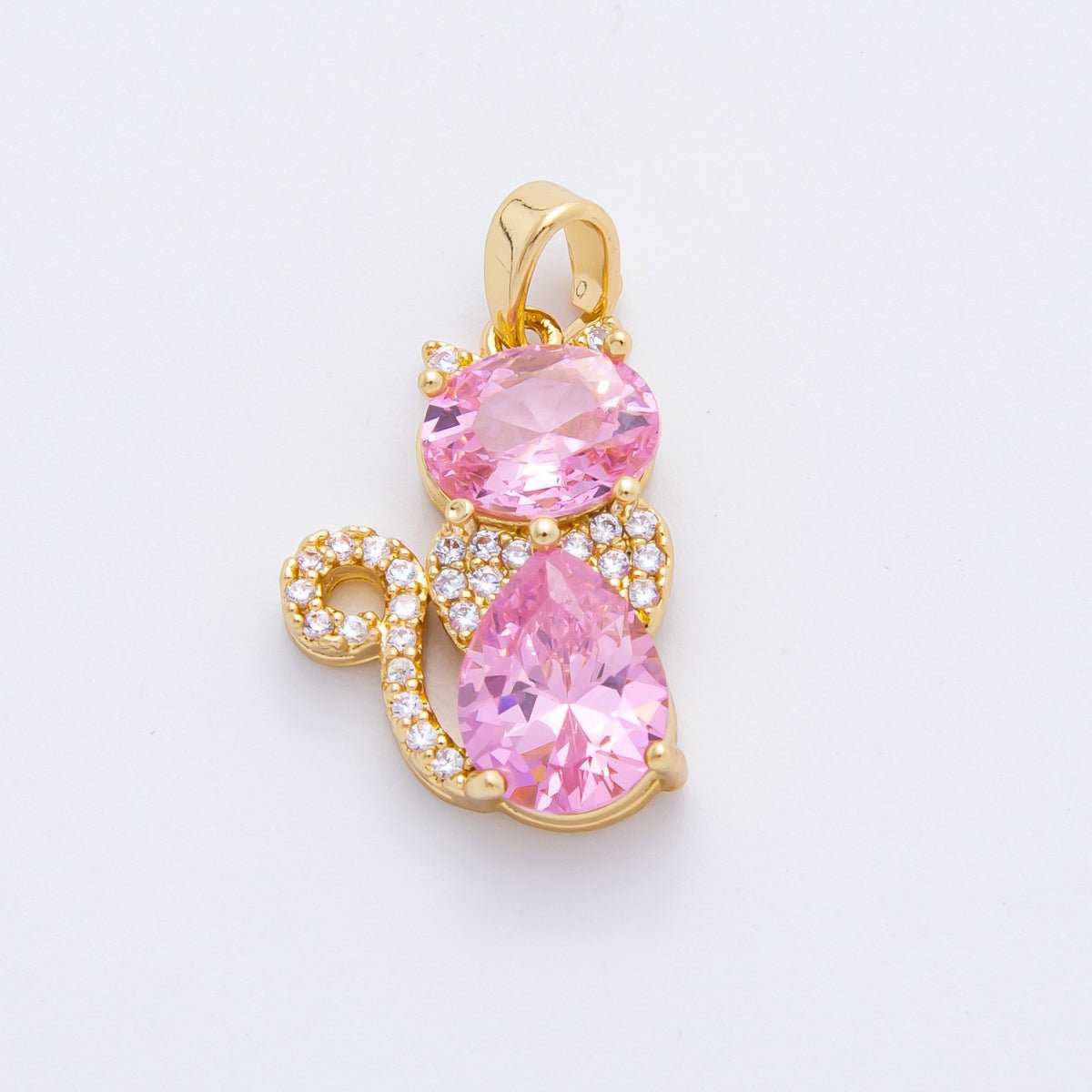 18K Gold Filled 23mm Pink & Purple CZ Cat Figure Animals Pendant | AF - A1122 - DLUXCA